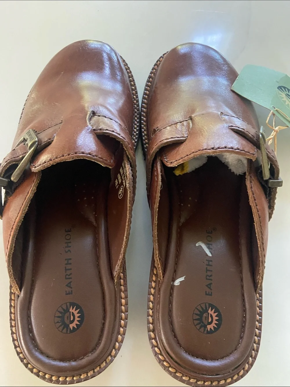 Earth Origins Men’s Tan Brown Leather Slip-On Clogs with Buckle